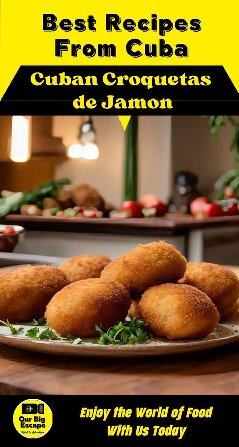 The Cuban Croquetas de Jamon Recipe is a popular dish from Cuba. It is a delicious and savory treat that is loved by many. The recipe for Cuban Croquetas de Jamon involves a few simple ingredients and a cooking process that results in crispy, golden-brown croquettes filled with flavorful ham. To make Cuban Croquetas de Jamon, you will need ingredients like cooked ham, flour, milk, eggs, breadcrumbs, and vegetable oil for frying. Cuban Croquetas, Pork Croquettes, Cuba Recipes, Cuban Chicken, Trip To Cuba, Cooked Ham, Try Try, Bon Apetit, Recipes Authentic