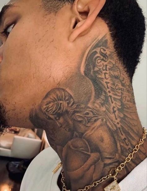 Biblical Neck Tattoos, Half Neck Tattoo, Neck And Throat Tattoos Men Hood, Black Men Tattoo Ideas, Middle Neck Tattoo Men, Neck Tattoo For Guys Black Men, Neck Tats For Guys, Men Neck Tattoo Ideas, Men’s Neck Tattoos