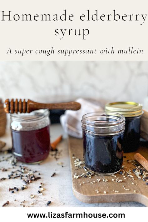 Elderberry Cough Syrup, Grow Berries, Elderberry Honey, Homemade Elderberry Syrup, Cough Syrup Recipe, Mullein Leaf, Homemade Cough Syrup, Elderberry Syrup Recipe, Homemade Elderberry