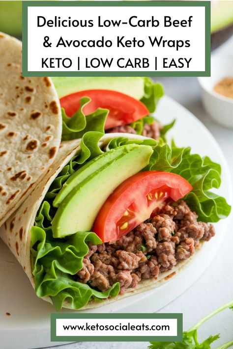 Beef and avocado keto wraps with lettuce and tomato on a plate. Low Carb Wrap Recipes, Wraps With Avocado, Avocado Wraps, Swiss Chicken Bake, Keto Wraps, Almond Flour Tortillas, Avocado Keto, Easy Keto Lunch, Almond Crusted Chicken