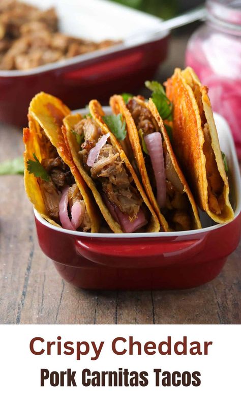 These cheese crusted Crispy Pork Carnitas Tacos are a family favorite for the cheesy crunch of the corn tortilla, and delicious flavor of crispy pork. You cannot get enough! #porkcarnitastacos #crispyporktacos #slowcookerporkcarnitas Corn Tortilla Tacos, Corn Tortillas Tacos, Pork Carnitas Tacos, Pork Carnitas Slow Cooker, Carnitas Tacos, Leftover Pork, Corn Tortilla, Pork Carnitas, Pork Tacos