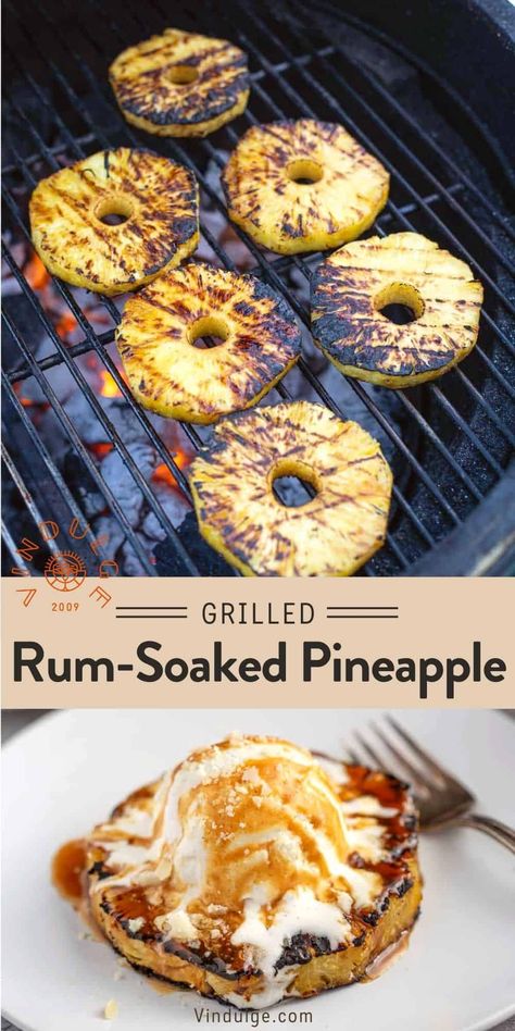 Rum Soaked Pineapple is the perfect way to use grilled pineapple. We’re marinating the pineapple in a rum soak (and then reducing that marinade into a thick caramel sauce), grilling the pineapple, and then finishing with that rum-caramel drizzle. Serve with ice cream and you have a decadent grilled dessert idea that will amaze your guests. Thick Caramel Sauce, Rum Caramel Sauce, Bbq Pineapple, Grilled Pineapple Recipe, Rum Caramel, Bbq Desserts, Grilled Desserts, Pineapple Desserts, Grilled Fruit