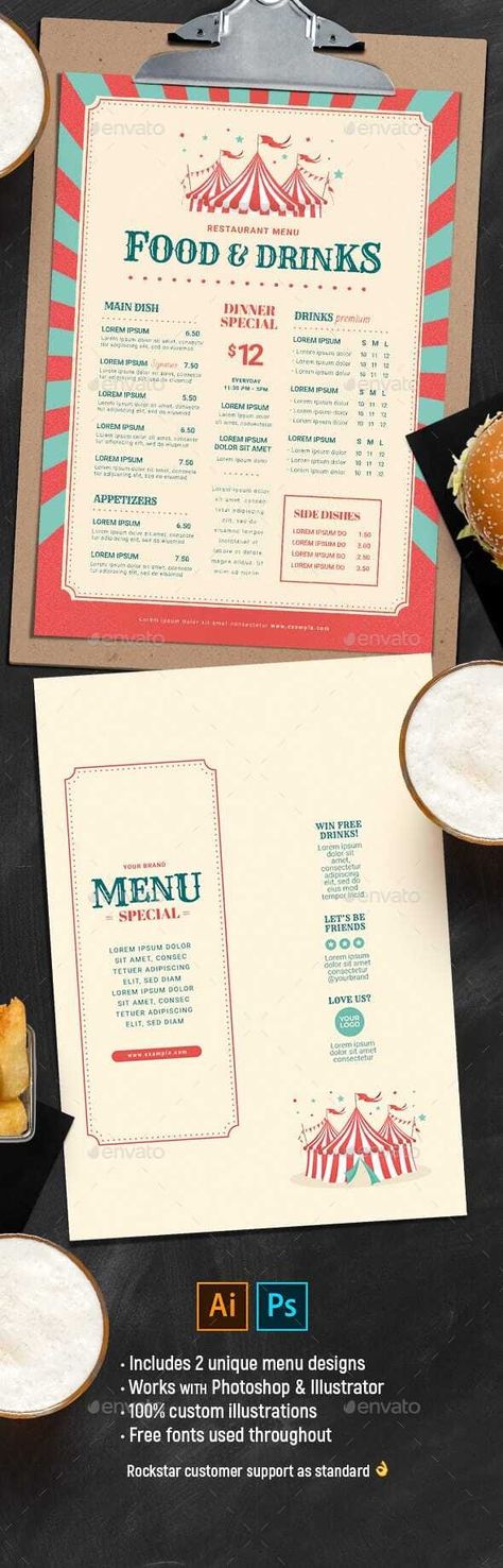 Circus / Carnival Menu Template  Get it now!! #foodmenu #foodmenudesign #foodmenus #foodmenusdesign #food #menu  #flyer #printtemplate #printdesign #bi-fold #bifold #trifold #restaurant #cafe #drink #bar #barmenu #barmenudesign #menutemplate #foodtemplate #foodmenutemplate #envato #envatomarket #envatoelements #graphicsriver #creativemarket #freepik #shutterstock #behance #dribbble Carnival Menu Food, Japanese Food Menu, Drink Menu Design, Circus Food, Carnival Design, Paris 2023, Menu Flyer, Bakery Menu, Food Menu Template