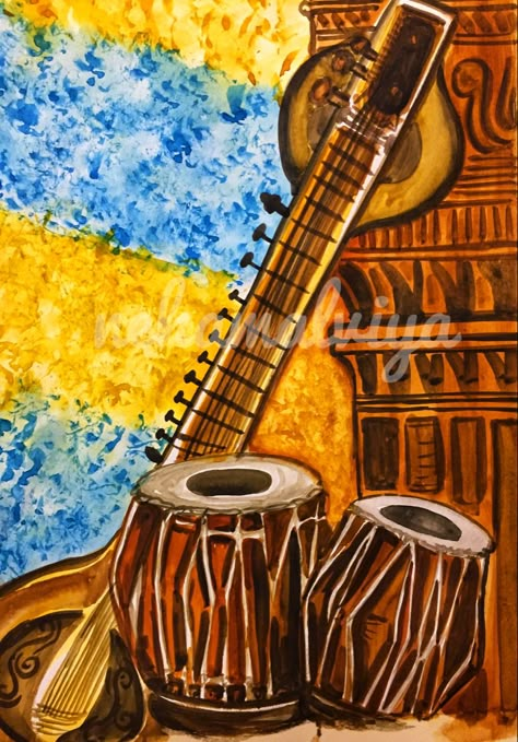 Classical Instruments Drawing, Indian Musical Instruments Drawing, Instruments Painting, Instruments Drawing, Music Art Drawing, Music Art Painting, Indian Instruments, Instrument Wall, Hindustani Classical Music