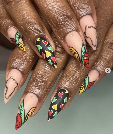 These Juneteenth nail designs feature red, black, green, and yellow designs, Black power symbols, and more creative ideas to celebrate the holiday. #juneteenth #juneteenthnails #naildesigns Black Love Nail Designs, Red Black And Green Nails, Black Love Nails, Black Power Nails, Nails African Design, Spring 2024 Nail Designs, Bhm Nails, Juneteenth Nail Design, Nail Ideas Art