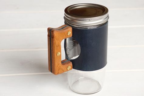 mason jar mug with wooden handle and leather strap Mug Sleeve, Mug Handle, Wood Mug, Jar Ideas, Jar Diy, Cold And Hot, Mason Jar Diy, Leather Sleeve, Mason Jar Mug