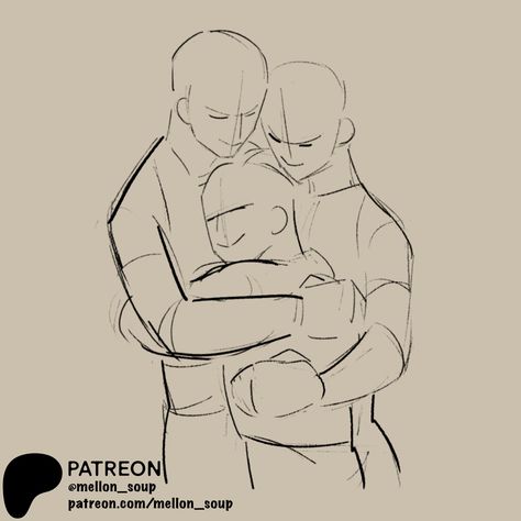 drawing art sketches anatomy character design pose reference halfbody fullbody comic manga anime mellon_soup Drawing Poses Giving Gift, Art Reference Family, Sneaky Poses Reference, Drawing Reference Poses Three People, Poly Couple Poses Drawing Reference, Wholesome Drawing Poses, Two Characters Interacting Reference, Three Person Hug Reference, Mom Pose Reference