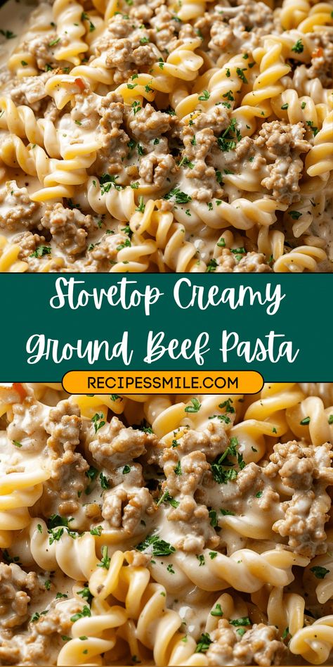 This stovetop creamy ground beef pasta is a one-pot wonder featuring tender pasta, a rich, cheesy sauce, and savory ground beef. Perfect for busy weeknights, it’s a hearty, comforting meal ready in just 30 minutes. Stovetop Creamy Ground Beef Pasta, Ground Meat Easy Recipes, Simple Meals For Dinner Ground Beef, Easy Quick Meals With Ground Beef, Ground Beef Cheesy Pasta, Recipes With Ground Beef Dinner, Lunch Ground Beef Recipes, Creamy Beef Recipes, Creamy Beef And Pasta Recipes