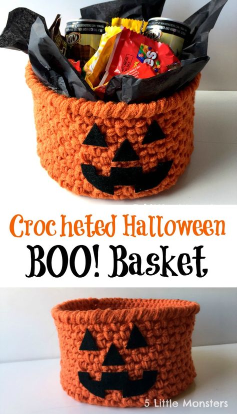 Crocheted Halloween BOO basket #BOOItForward [ad] @walmart Crochet Fall Pumpkins, Crochet Pumpkin Basket Free Pattern, Crochet Pumpkin Basket, Crochet Halloween Projects, Crochet Jackolantern, Crochet Halloween Bucket, Halloween Crochet Decor, Crochet Halloween Bags, Crochet Halloween Bag