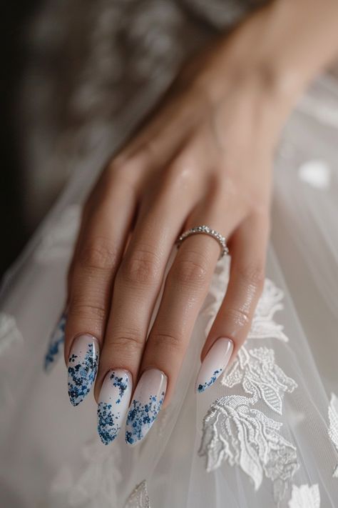 Wedding Day Nails Blue, Bridal Nails With Blue, Bridal Blue Nails, White And Blue Wedding Nails, Blue Wedding Nails Ideas, Wedding Nails With Blue, Something Blue Nails Wedding, Something Blue Wedding Nails, Blue Wedding Nails For Bride