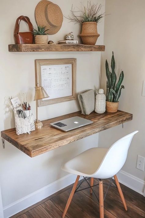 "Add style and efficiency to your workspace with a DIY Floating Desk! 🛠️💻 A sleek, space-saving solution for your home office needs. 🌟✨ #DIYProjects #HomeOfficeDecor #FloatingDeskIdeas" Mini Desk Ideas, Floating Desk And Shelves, Floating Desk Diy, Floating Office Desk, Floating Desk Ideas, Diy Floating Desk, Craft Room Closet, Desk And Shelves, Tiny Home Office