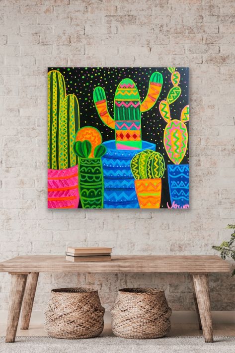 Colorful cacti on black background. glows in the dark Glow In The Dark Painting, Mexican Folk Art Decor, Mexican Art Painting, Mexican Folk Art Painting, Mexican Colors, Green Living Room, Contemporary Folk Art, Dark Paintings, Cactus Painting