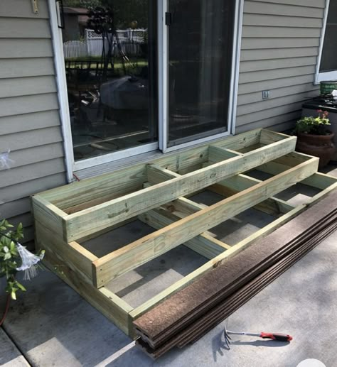 Diy Backyard Stairs, Steps From Slider To Patio, Outside Steps Ideas Front Porches, Diy Backdoor Steps, Outdoor Patio Steps, Diy Wooden Steps, Diy Wooden Steps Outdoor, Deck Platform Steps, Cinder Block And Wood Steps