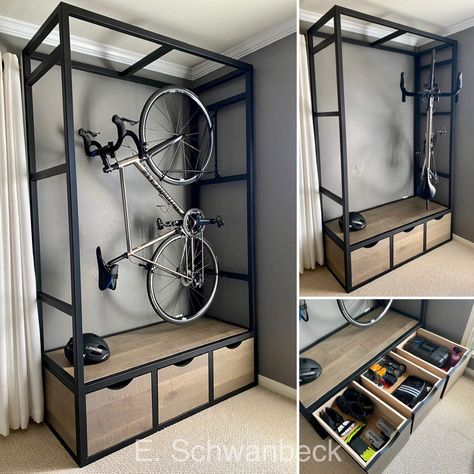 Entryway Bike Storage, Bike Rack Design, Bike In Apartment, Bicycle Storage Ideas, Bike Cave, Indoor Bike Storage Small Spaces, Bike Display, Apartment Bike Storage, Bike Hanging Ideas