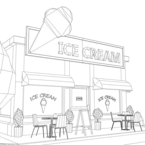 Restaurant Coloring Pages ⋆ coloring.rocks! Sweet Shop Drawing, Ice Cream Shop Drawing, Ice Cream Shop Interior Design, Restaurant Drawing, Coloring Rocks, Donut Drawing, Modelling Tips, Mobile Coffee, Shop Small Quotes