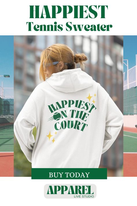 Elevate your tennis enthusiasm with our 'Happiest on the Court' Tennis Hoodie. This comfortable and stylish tennis sweatshirt is not just a piece of apparel, but a declaration of your love for the game. Designed for both comfort and fashion, it's an essential addition to any tennis enthusiast's wardrobe Tennis Logos Design Ideas, Tennis Vibe, Tennis Logo, Tennis Academy, Tennis Sweatshirt, Tennis Sweater, Tennis Game, Tennis Apparel, Tennis Games