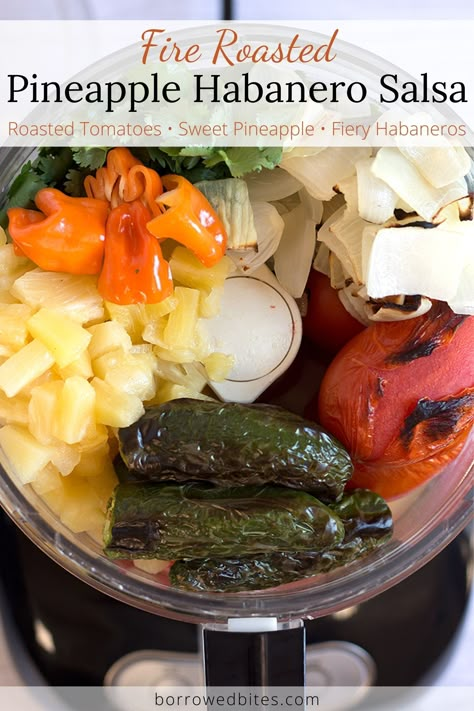 Pineapple, cilantro, habaneros, onion, roasted tomatoes, jalapenos in food processor before blending. Pineapple Habanero Salsa, Habanero Salsa Recipe, Habanero Recipes, Veggies Roasted, Mexican Appetizer, Mexican Salsa Recipes, Habanero Salsa, Roasted Pineapple, Salsa Sauce