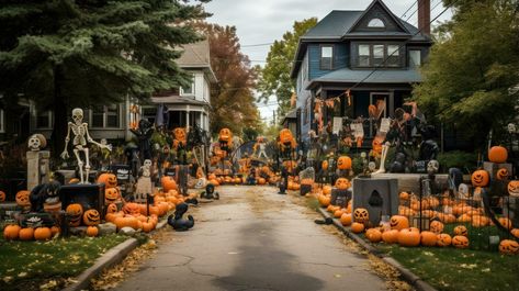 Halloween decorations in the neighborhood. Halloween Neighborhood, Front Yards, Tree Saw, Wedding People, Cityscape Photos, Logo Banners, Nature Backgrounds, Heart With Arrow, The Neighborhood