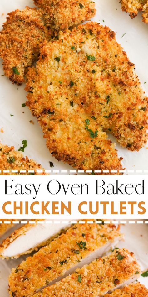 Quick, crispy, and packed with protein, these Breaded & Baked Chicken Cutlets are about to become your favorite weeknight kitchen trick. In just 40 minutes, you’ll have a tray of tender, golden-brown, healthy chicken cutlets ready to serve with your favorite sides or as yummy add-ons for salad, pasta, or sandwiches. Chicken Cutlet Recipes Baked, Oven Baked Chicken Cutlets, Oven Breaded Chicken, Healthy Breaded Chicken, Baked Chicken Cutlets, Baked Breaded Chicken, Crispy Chicken Breast, Easy Oven Baked Chicken, Breaded Chicken Recipes