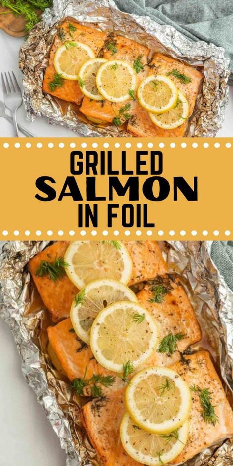 Grilled Salmon in Foil - Quick and Easy dinner idea Easy Summer Salmon Recipes, Summer Salmon Recipes Baked, Salmon Wrapped In Foil, Foil Pack Salmon In Oven, Grilling Salmon On Charcoal Grill, Easy Salmon Recipes Baked In Foil, Grilling Salmon On Gas Grill In Foil, Grill Salmon On Grill, Baking Salmon In Oven In Foil