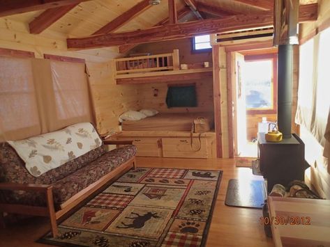 Small Cabin With Bunk Room, Cabin Sleeping Ideas, One Room Cabin With Loft, 14x20 Cabin Plans, 16x24 Cabin, One Room Cabin Interior, 12x20 Cabin, Mini Cabin Ideas, Bed Alcove