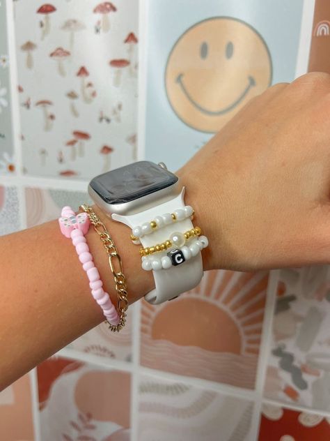 shop prime day deals! Bracket Stack With Apple Watch, Beaded Watch Charms, Apple Watch Band Bracelet, Bracelet With Apple Watch, Bracelets With Apple Watch, Apple Watch Jewelry, Apple Watch Aesthetic, Apple Watch Charms, Cute Apple Watch Bands