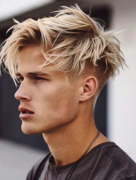 Blonde Faux Hawk, Blond Mens Haircut, Mens Hair Long On Top Short On Sides, Unique Male Models, Short On The Sides Long On Top Hair Men, Dyed Blonde Hair Men, Men’s Blonde Hair, Men Colored Hair, Blond Hair Men