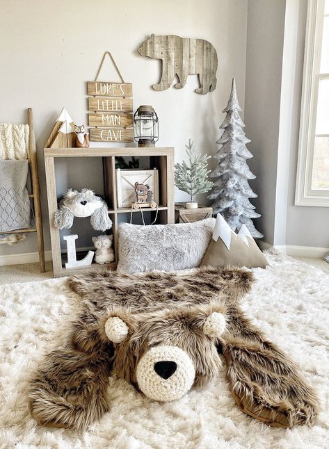 Multiple sizes are available for this product please read the description carefully ClaraLoo Regular Size Cappuccino Grizzly Bear Rug. This is an all fur throw rug lined with a soft flannel fabric. This rug has crochet ears and muzzle.  This Regular Size Bear Rug measures approximately 48 inches long x 40 inches wide Cappuccino Grizzly fabric is a light warm brown color Bows that are added on to an order are a light pink unless requested otherwise.  Processing Times: for this item can vary. Chec Nursery Bear Rug, Camping Room, Cream Colored Rug, Cow Nursery, Farm Animals Decor, Farm Animal Nursery, Deer Nursery, Bear Rug, Baby Room Inspiration