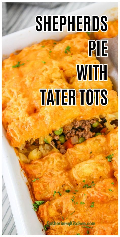 Discover a family-friendly twist on the classic Shepherd's Pie with our Tater Tot-topped recipe. This cozy meal combines seasoned ground meat and vegetables, topped with crispy tater tots for a delightful crunch. Perfect for weeknight dinners or a comforting weekend feast. Tater Tot Casserole Shepards Pie, Tater Tot Shepards Pie, Shepard Pie Tator Tot Casserole, Shepherds Pie Recipe Tator Tots, Shepherd’s Pie Tater Tot Casserole, Shepards Pie With Tater Tots, Shepherds Pie Recipe With Tater Tots, Shepards Pie Easy Quick, Shepherd Pie Tater Tot Casserole