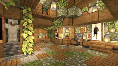 Cute Minecraft Cottage Small Interior, Aesthetic Minecraft Houses Interior, Aesthetic Minecraft Cave Builds, Minecraft Cave Cottage, Minecraft Spruce Interior Design, Inside House Design Minecraft, Cave Room Ideas Minecraft, Minecraft Basement Interior, Minecraft Jungle Interior