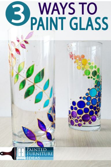 Painted Furniture Ideas | 3 Ways to Hand-Paint Glass - Painted Furniture Ideas Sharpie Glass Painting, Painted Glass Jar Ideas, Ideas For Glass Painting, Glassware Painting Ideas, How To Do Glass Painting, Painting Glass Vases Diy, Painting On Glasses, Bottle Glass Painting Ideas, Glass Cup Painting Ideas Easy