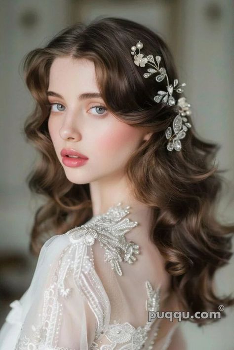 Wedding Hairstyles For Long Face, Soft Romantic Wedding Hair, Angelic Hairstyles, Vintage Wedding Hairstyles, Angelic Face, Winter Wedding Hair, Bridal Hair Inspiration, Fairy Tale Wedding Dress, Romantic Hairstyles