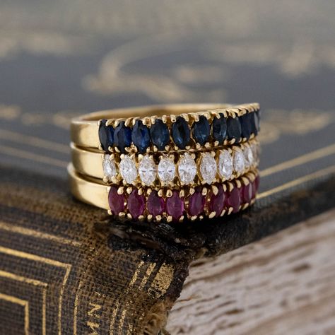 What a trio with such an Americana vibe - red, white, and blue! These three stackers are the sweetest, we love how easy and simple these guys are. Fun to mix and match with one another, or swap them out in your jewelry rotation to add an occasional pop of color.Diamond & Ruby - Size 5.5Sapphire - Size 5.25 & al Ring Leader, Modern Mens Rings, Art Jewelry Earrings, Rings Collection, Antique Engagement, Ruby Sapphire, Antique Engagement Rings, Blue Jewelry, Vintage Band