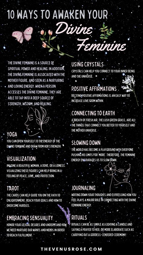 The Divine Feminine is a powerful, creative, and nurturing energy. It is a source of spiritual power and healing, and can be accessed in a variety of ways. In addition, the Divine Feminine is often associated with the mother figure, and seen as a nurturing and loving energy. It is believed that when a person accesses the divine feminine, they are able to tap into a deep source of strength, wisdom, and healing. Click to learn more. #divinefeminine #feminineenergy #spirituality #spiritual Herbs For Feminine Energy, The Feminine Universe, Getting Into Spirituality, How To Connect With Your Feminine Energy, Nurturing Feminine Energy, Divine Feminine Definition, Divine Feminine Boundaries, Ways To Tap Into Feminine Energy, Crystals For Dark Feminine Energy
