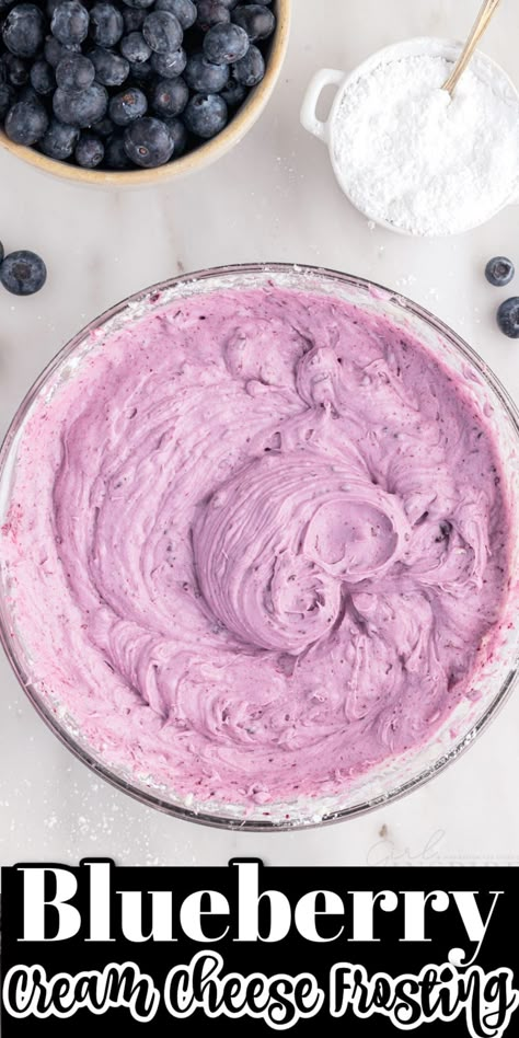 This blueberry cream cheese frosting recipe is silky, sweet, slightly tart and is a must have when making blueberry cupcakes or lemon blueberry cake. Blueberry Icing Buttercream, Lemon Cake With Blueberry Filling, Blueberry Icing Recipe, Blueberry Filling For Cake, Blueberry Cake Filling Recipe, Blueberry Filling Recipe, Blueberry Cream Cheese Icing, Blueberry Cake Decoration, Blueberry Frosting Recipe