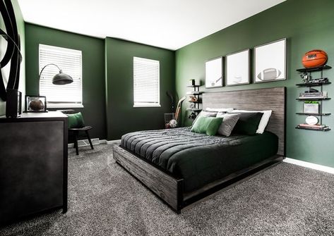 Dark Green Kids Room, Green Teen Boy Bedroom, Teen Boy Bedroom Green, Dark Green Boys Bedroom, Boys Room Green Walls, Dark Painted Rooms, Boys Green Bedroom Ideas, Teen Bedroom Green, Green Boys Bedroom