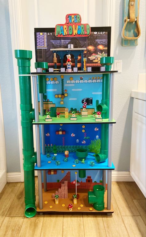 Super Mario Shelf, Mario Shelf Diy, Super Mario Dollar Tree, Mario Bros Doll House, Kids Mario Bedroom, Mario Kart Room Decor, Mario Room Decor Diy, Super Mario Doll House Diy, Super Mario Diorama