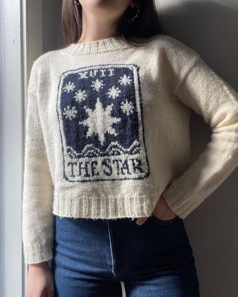 a star is born 🥹 (and a moon, a sun, and 3 other bonus tarot cards)!!!! the #TarotCardSweater knitting pattern is now out on my ravelry & etsy! worked with stranded knitting and ladderback jacquard (this will be your new fav colorwork technique i swear!!!), graded for 9 sizes from 30” - 62” busts, with color charts scaled for both ends of the sizing range… needless to say a lot of love and work went into this pattern not just from me, but from my beautiful talented smart creative generous and... Tarot Card Sweater, Moon Phases Knitting Pattern, Art Nouveau Knitting Pattern, Sun Knitting Pattern, Knit Colorwork Sweater Pattern, Knitting Colorwork Beginner, Alternative Knitting Patterns, Whimsigoth Knitting, Color Work Knitting Pattern