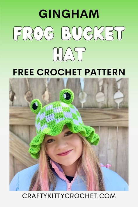 woman wearing a crocheted frog bucket hat Kawaii Crochet Hat Pattern Free, Cute Hat Crochet Pattern Free, Frilly Bucket Hat Crochet Pattern, Kids Bucket Hat Crochet, Free Cottagecore Crochet Patterns, Frog Bucket Hat Crochet Pattern Free, Ruffle Hat Crochet Pattern, Crochet Bucket Hats Free Pattern Easy, Crochet Frog Hat Pattern Free