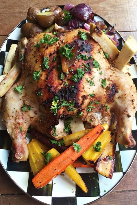 Roasted Chicken with Root Vegetables from /sandycoughlin/ Quick Chicken Recipes, Herb Roasted Chicken, Roasted Onions, Air Fryer Recipes Chicken, Cooking Classy, Culinary Recipes, Root Vegetables, Baked Chicken Recipes, Chicken Crockpot Recipes