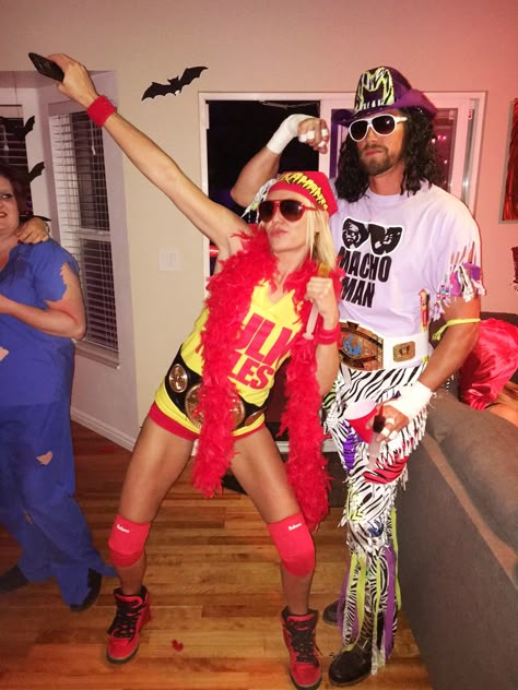 Hulk Hogan Birthday Party, Wrestling Halloween Costumes, 80s Party Costumes Couples, Wrestling Costumes Women, Couple Running Costumes, Hulk Hogan Party, Wwe Halloween Costumes Women, Wrestling Couples Costume, Wwe Halloween