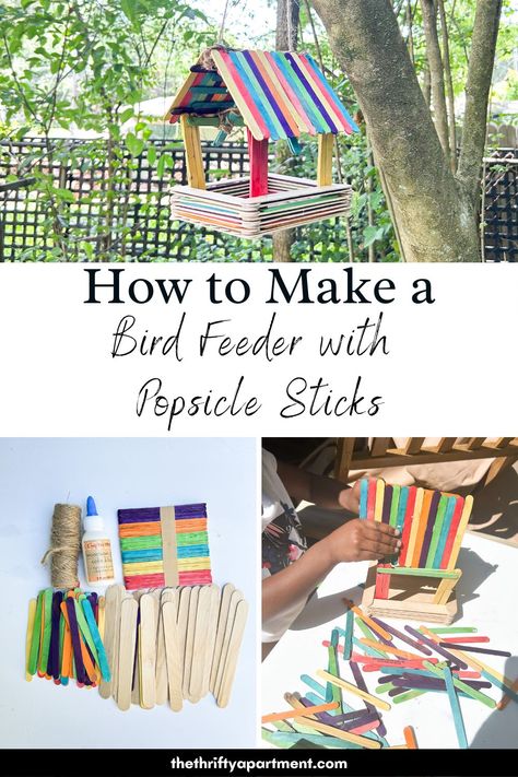 The easiest way to make a bird feeder with the kids using popsicle sticks.Inexpensive project to keep the kids entertained and bird watching. #kidsproject #birdfeeder #outdoorideas #outdoorprojects #backyardideas #diy #diyideas #diyprojects Bird Houses Popsicle Sticks, Home Made Bird Feeders For Kids, Diy Kids Bird Feeder, Recycled Bird Feeders For Kids, Birdfeeder Craft For Kids, Birdhouse Crafts For Kids, Homemade Bird Feeders For Kids, Kids Bird Feeder Crafts, Preschool Bird Feeders