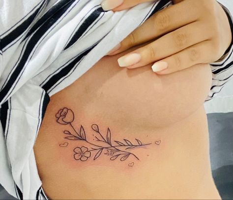 Birth Flower Rib Tattoo, Upper Rib Tattoo, Upper Rib Tattoo Women, Vine Underboob Tattoo, Underboob Flower Tattoo, Underboob Rib Tattoo, Simple Underboob Tattoo, Unique Rib Tattoo, Rib Flower Tattoo