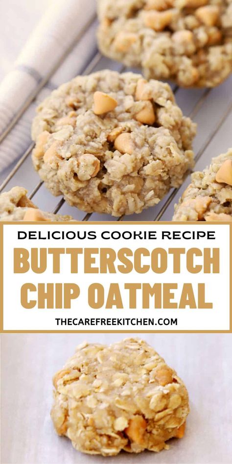 These Oatmeal Butterscotch Cookies are loaded with butterscotch chips, brown sugar and oats, making them epically soft, chewy and flavorful. #thecarefreekitchen #cookies #butterscotch #oatmealcookies #oatmealbutterscotch #bars #dessert Black Bottom Butterscotch Cookies, Nestle Tollhouse Oatmeal Butterscotch Cookies, Oatmeal Cookies With Butterscotch Chips, Cookie Recipes With Butterscotch Chips, Butterscotch Oatmeal Cookies Chewy, Pumpkin Oatmeal Butterscotch Cookies, Pumpkin Butterscotch Bars, Butterscotch Cookie Recipes, Oatmeal Scotcheroos