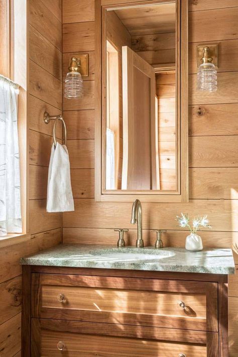 This rustic mountain home provides a peaceful escape in the woods of Maine Mountain Cabin Bathroom, Maine Bathroom, Cabin Bathroom Ideas, Log Cabin Bathroom, Cabin Addition, Rangeley Maine, Alaska House, Lake Bathroom, Rustic Mountain Homes