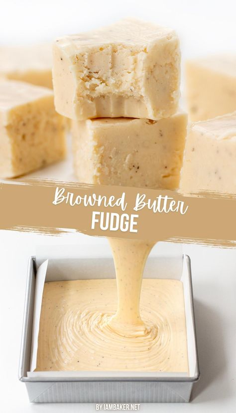 one image shows two pieces of fudge, one on top of the other and the top one has a bite out of it. The second shows the fudge in a liquid state being poured into a parchment lined pan. Fudge On A Stick, Vanilla Nut Fudge Recipes, Salted Fudge Recipe, Brown Butter Fudge, Fudge Business Ideas, How To Wrap Fudge Packaging Ideas, Fall Fudge Recipes Easy, Caramel Coffee Fudge, Soft Fudge Recipes