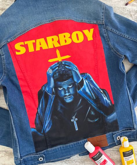 Starboy. Hand painted jeans jacket. Starboy Painting, Custom Denim Jacket Paint, The Weeknd Jacket, Painted Jeans Jacket, Denim Jacket Art, Hand Painted Jean Jacket, Linework Art, Hand Painted Jeans, Weeknd Poster