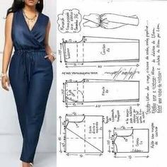 Pola Jumpsuit, Celana Jogger Wanita, Jumpsuit Pattern Sewing, Trousers Pattern, Girls Dress Sewing Patterns, Sewing Clothes Women, Dress Making Patterns, Jumpsuit Pattern, Blouse Pattern Sewing