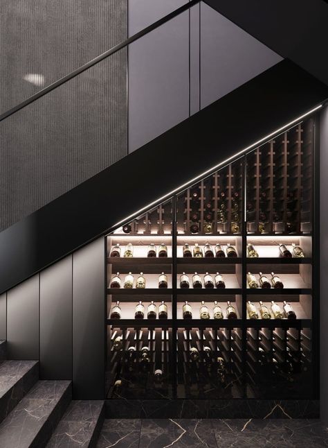 Wine Under Stairs, Stair Wine Cellar, Under Stairs Wine Storage, Wine Cellar Under Stairs, Bar Under Stairs, Wine Cellar Modern, Under Stairs Wine Cellar, Contemporary Wine Cellar, Home Wine Cellars