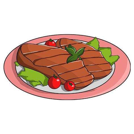 How to Draw a Cartoon Steak - Really Easy Drawing Tutorial Plating Drawing, Meal Drawing, Meat Drawing Easy, Cartoon Foods Drawings, Food Illustration Art Step By Step, Cartoon Food Drawings, Steak Drawing Easy, Dinner Drawing, Steak Drawing